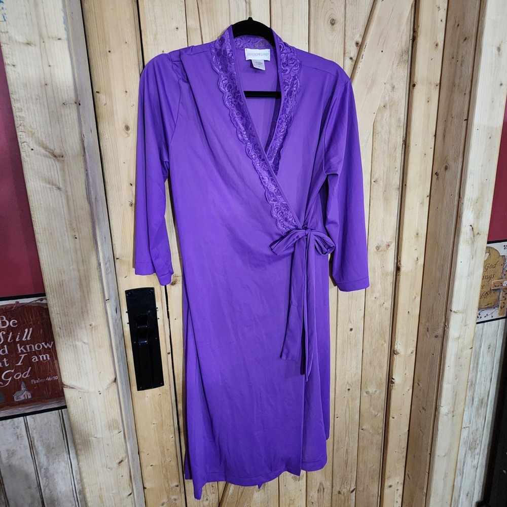 VTG Shadowline Purple Lace Trim Wrap Robe Nylon Sleepwear Loungewear Small